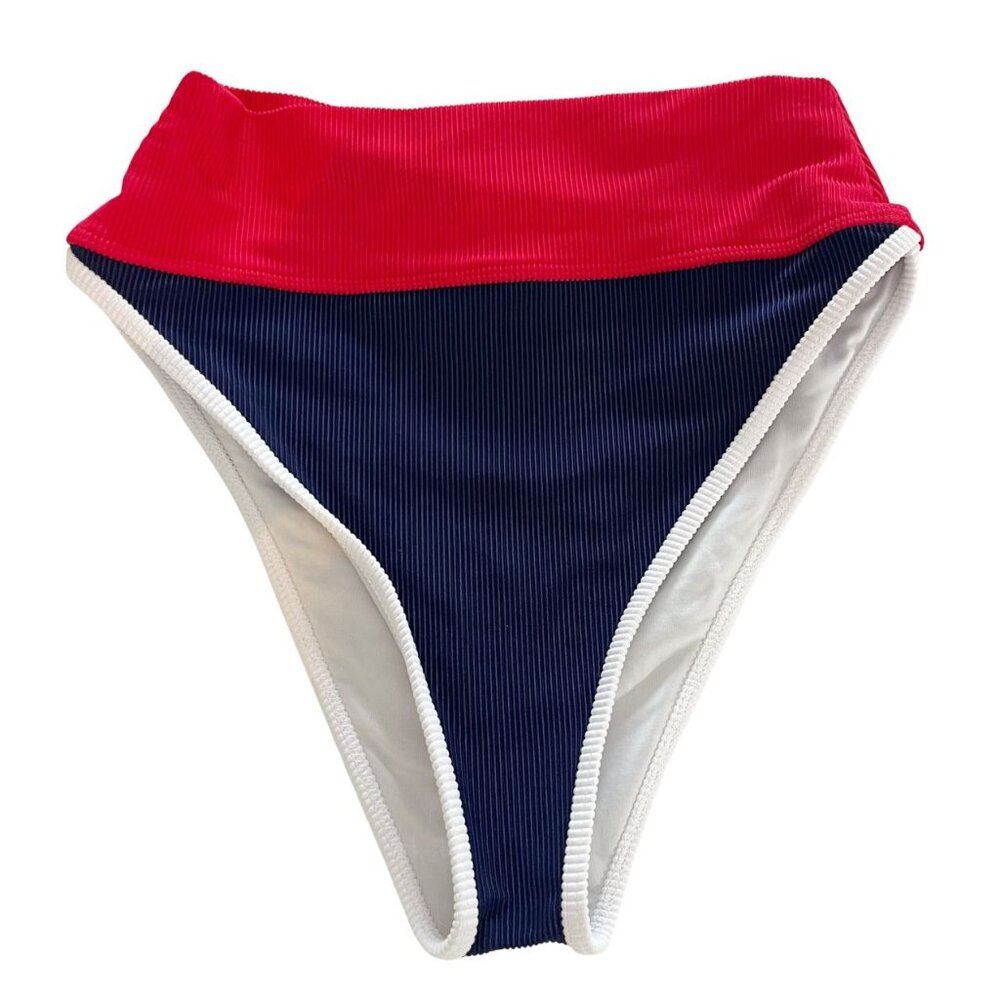 Beach Riot Emmy Bikini Bottoms Ribbed High Cut Navy Blue & Red - Size Small